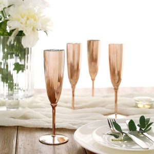 6-Pack Plastic Champagne Flutes 5oz Metallic Rose Gold - Stylish Disposable Champagne Glasses for Cocktail Parties & Receptions - Pack of 6 Flutes