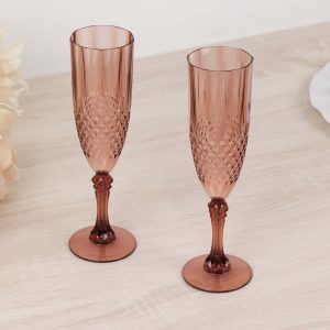 6-Pack Transparent Plastic Champagne Glasses 8oz, Crystal Cut Style Dusty Rose - Shatterproof Wedding Toast Flutes - Pack of 6 Glasses